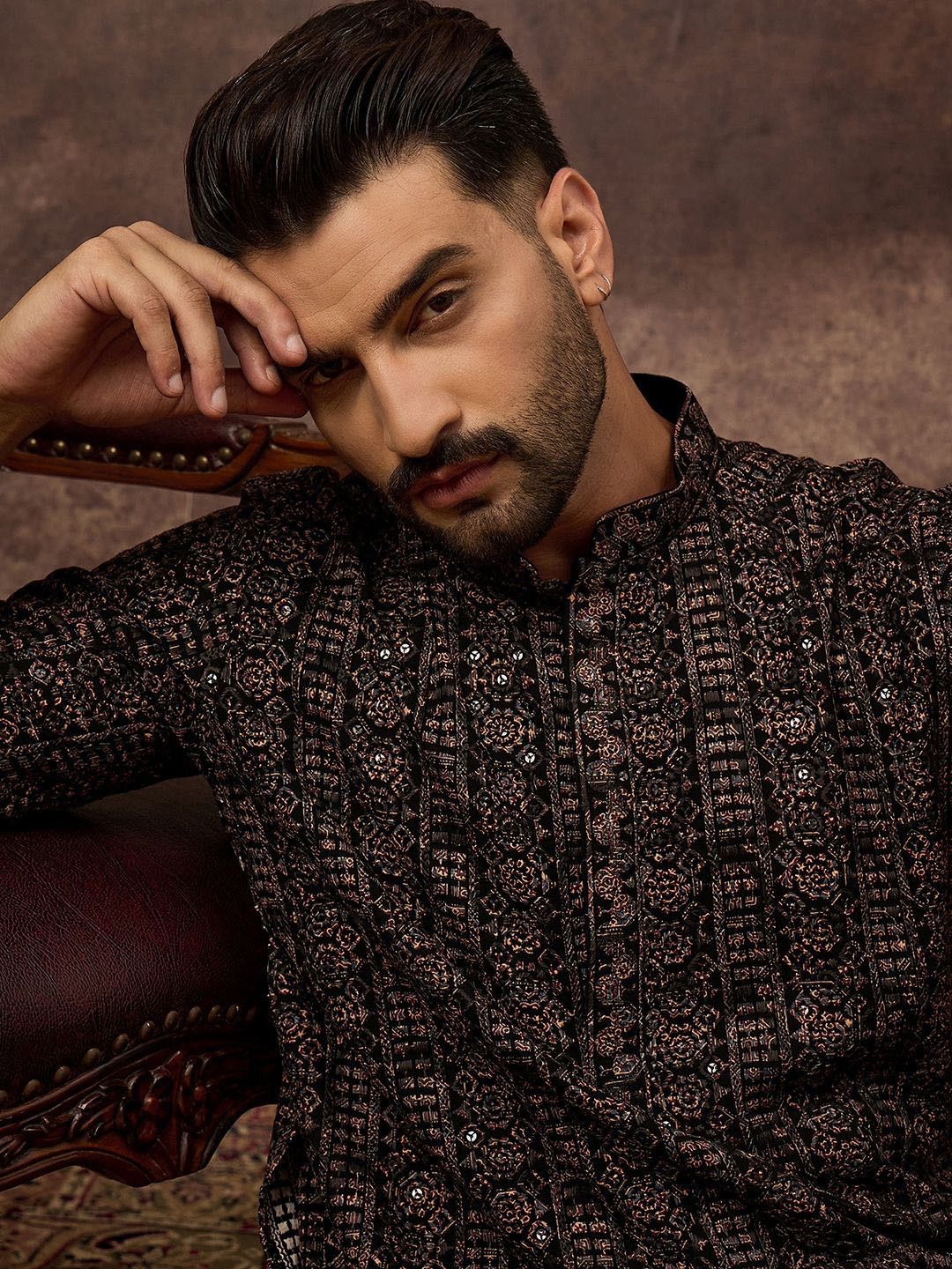 Men Black Viscose Rayon Ethnic Motifs Embroidered Straight Kurta With Pant Set-MKSET1405