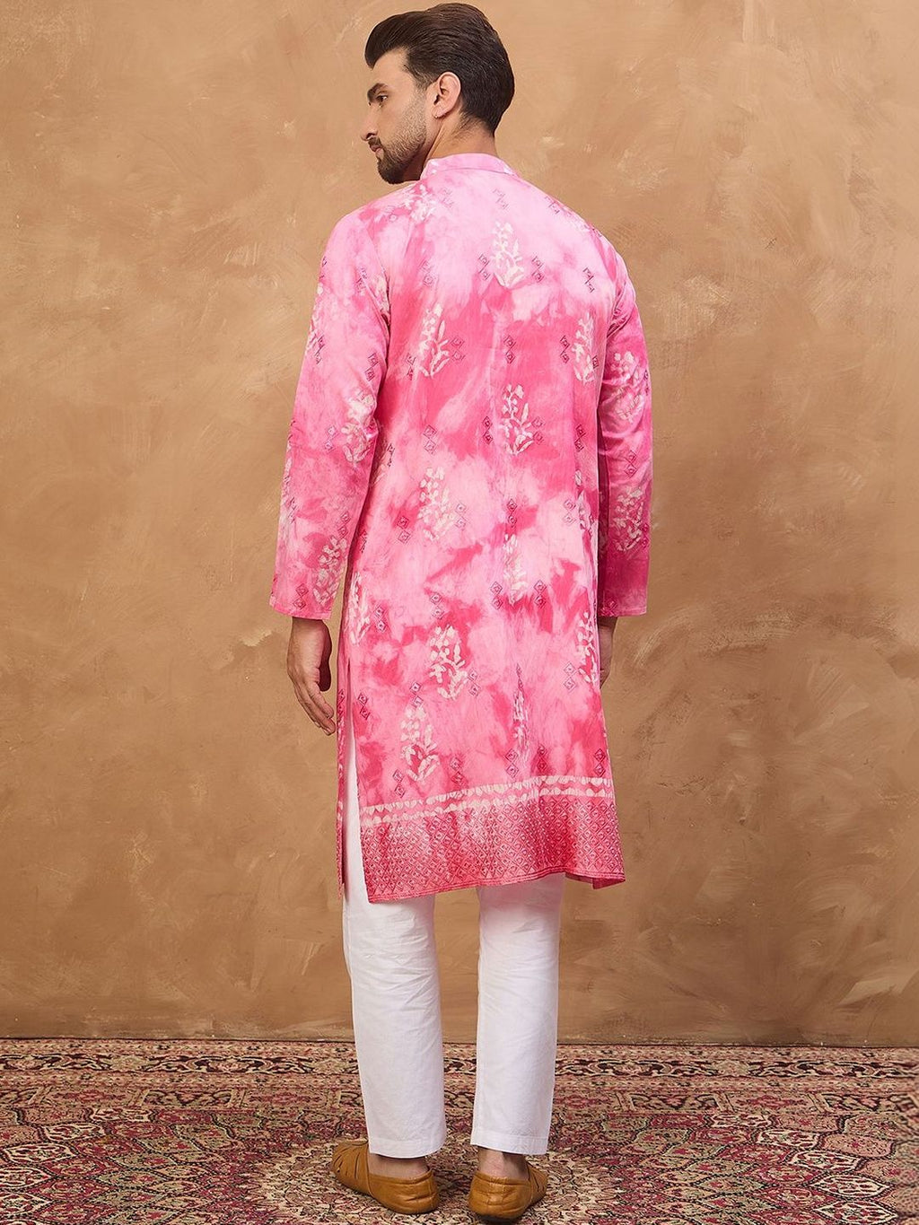 Men Pink Silk Blend Batik Embroidered Straight Kurta With Pant Set-MKSET1515