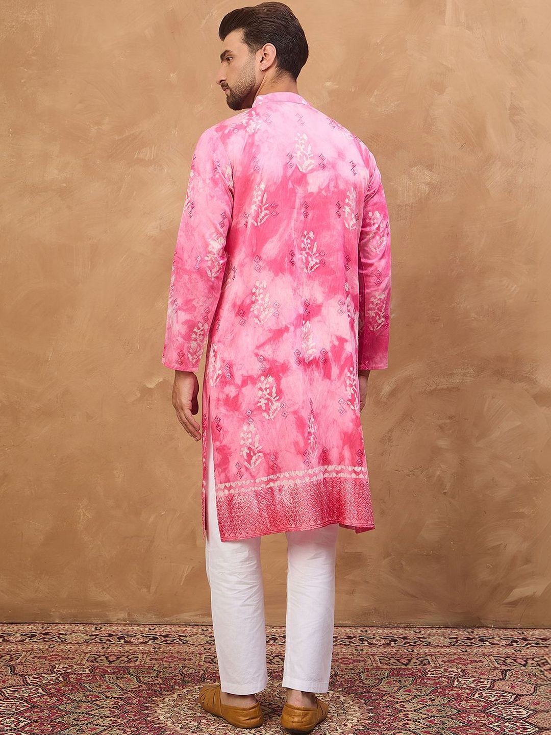 Men Pink Silk Blend Batik Embroidered Straight Kurta With Pant Set-MKSET1515