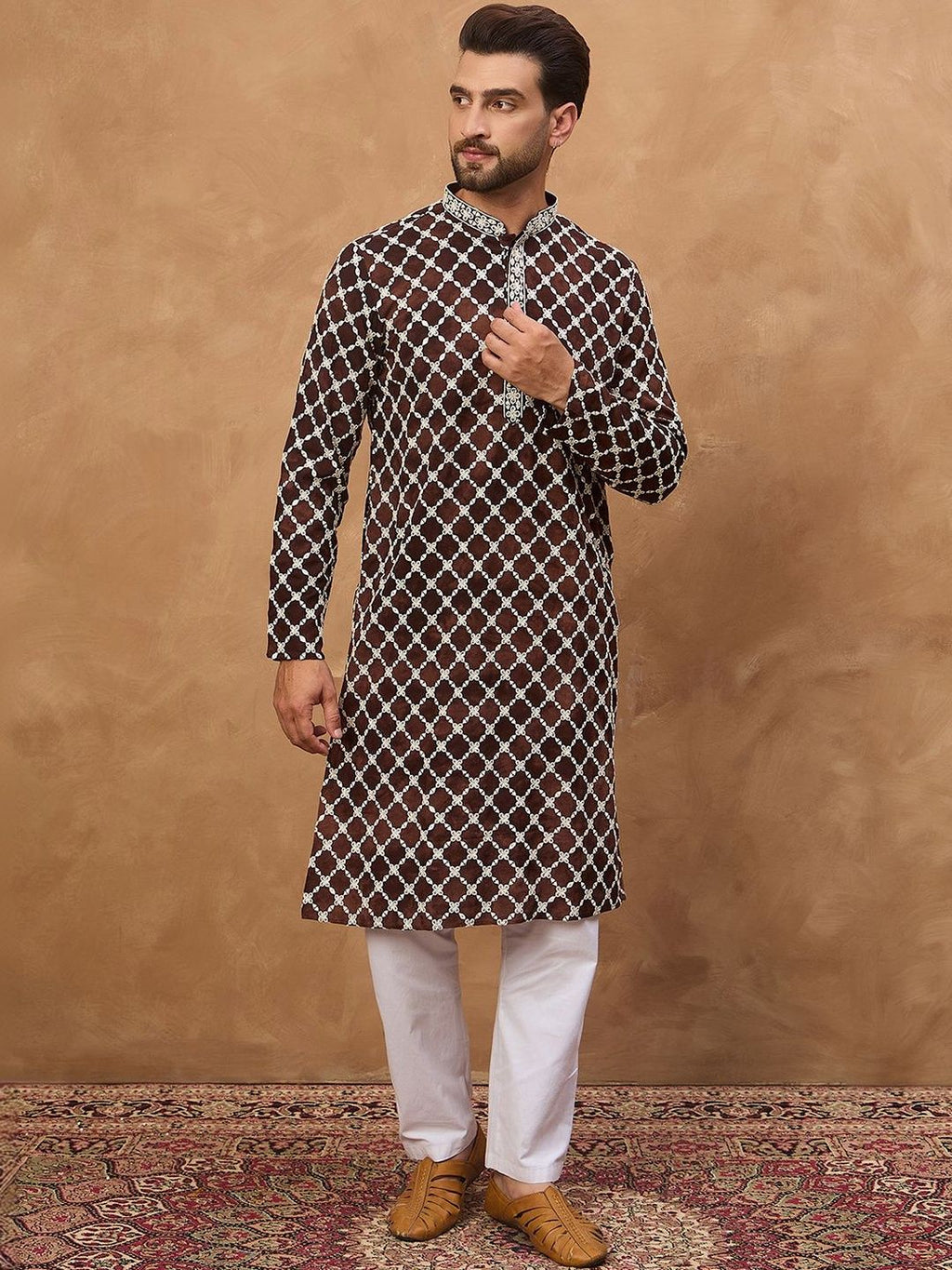 Men Brown Viscose Rayon Solid Embroidered Straight Kurta With Pant Set-MKSET1536