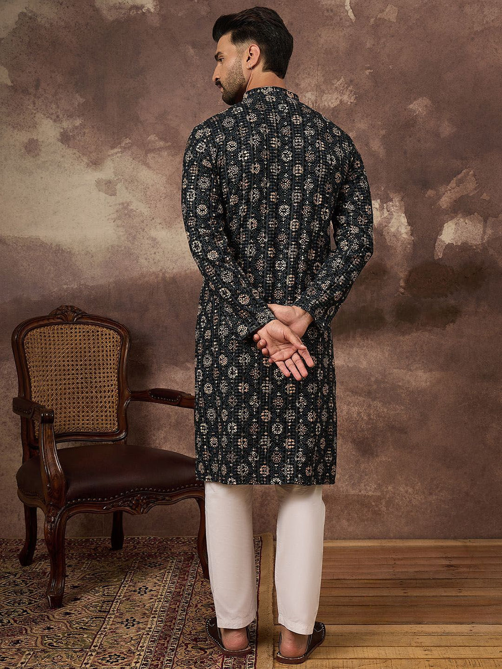 Men Black Viscose Rayon Geometric Embroidered Straight Kurta With Pant Set-MKSET1403