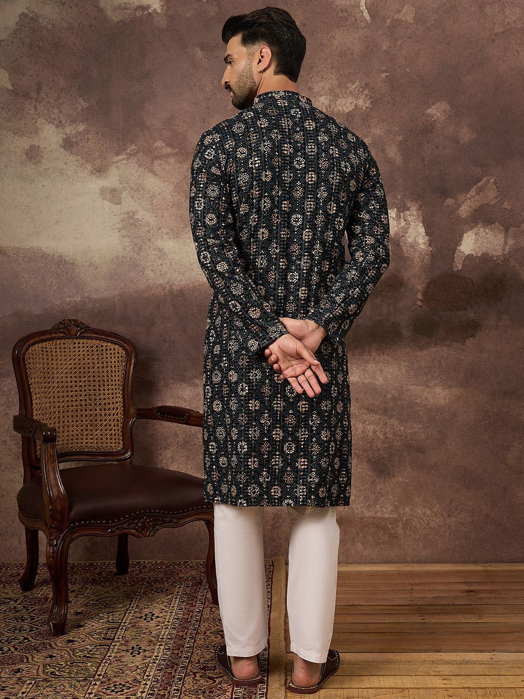 Men Black Viscose Rayon Geometric Embroidered Straight Kurta With Pant Set-MKSET1403