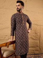 Mens Brown Viscose Rayon Ethnic Motifs Embroidered Chikankari Straight Kurta With Pant Set-MKSET1164