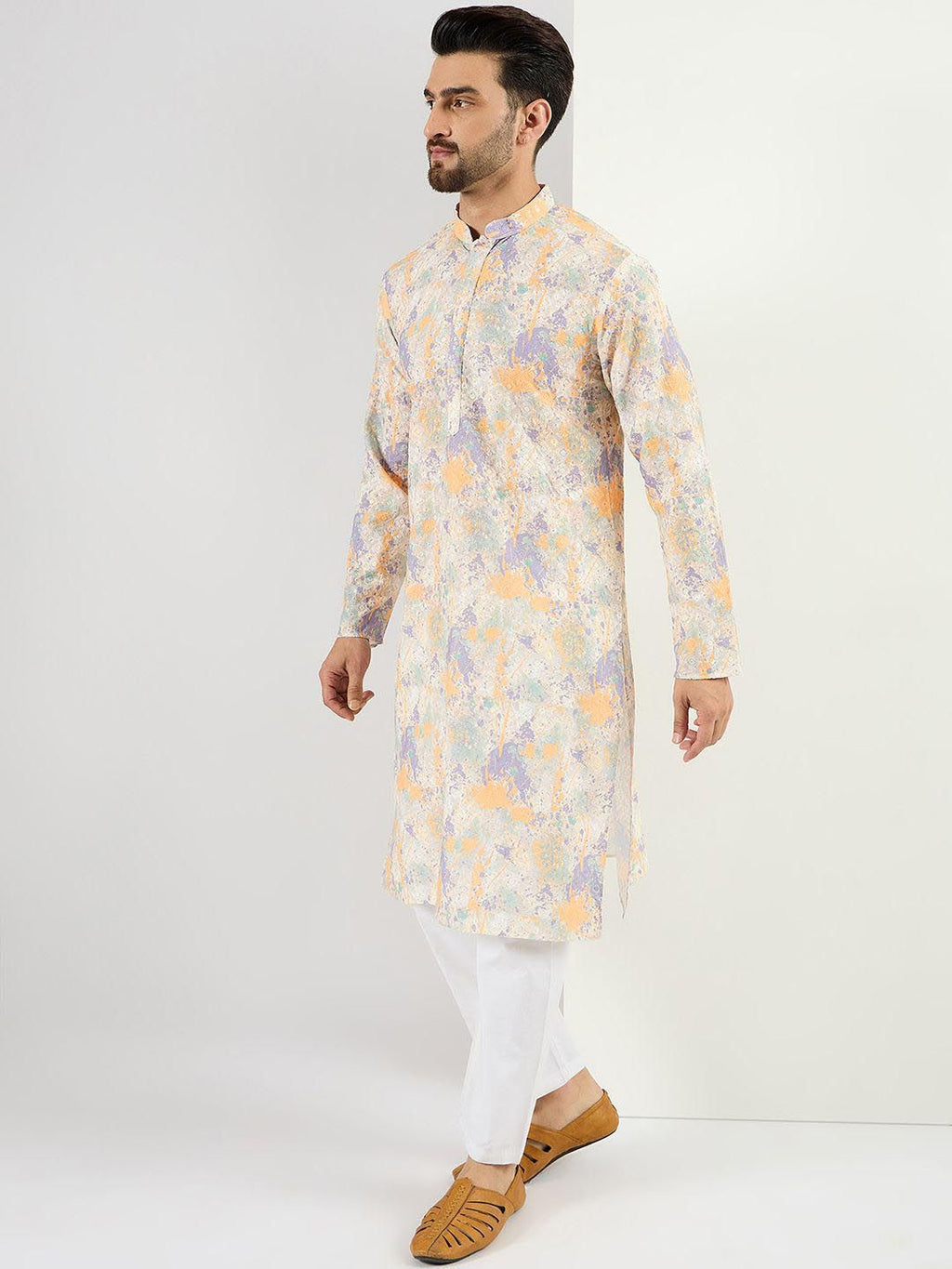 Men Off White Viscose Rayon Abstract Embroidered Straight Kurta With Pant Set-MKSET1063