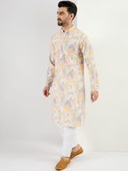 Men Off White Viscose Rayon Abstract Embroidered Straight Kurta With Pant Set-MKSET1063