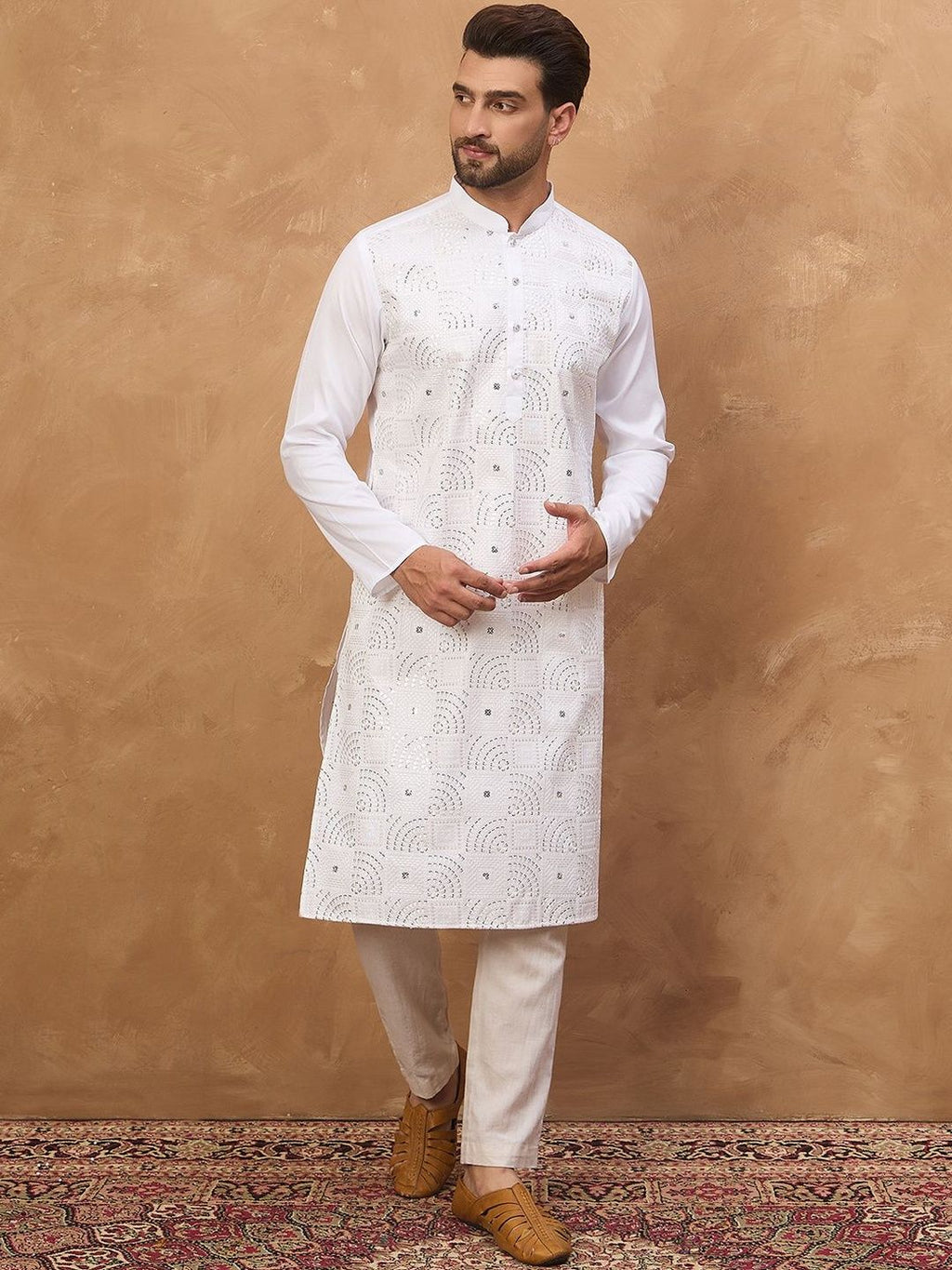 Men White Silk Blend Solid Embroidered Straight Kurta With Pant Set-MKSET1444
