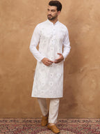 Men White Silk Blend Solid Embroidered Straight Kurta With Pant Set-MKSET1444