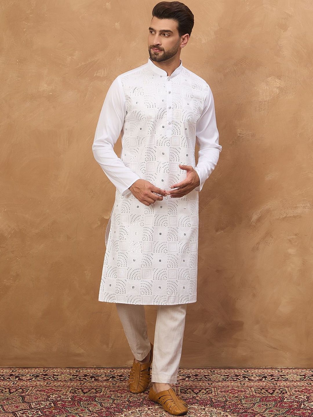 Men White Silk Blend Solid Embroidered Straight Kurta With Pant Set-MKSET1444