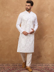Men White Silk Blend Solid Embroidered Straight Kurta With Pant Set-MKSET1444