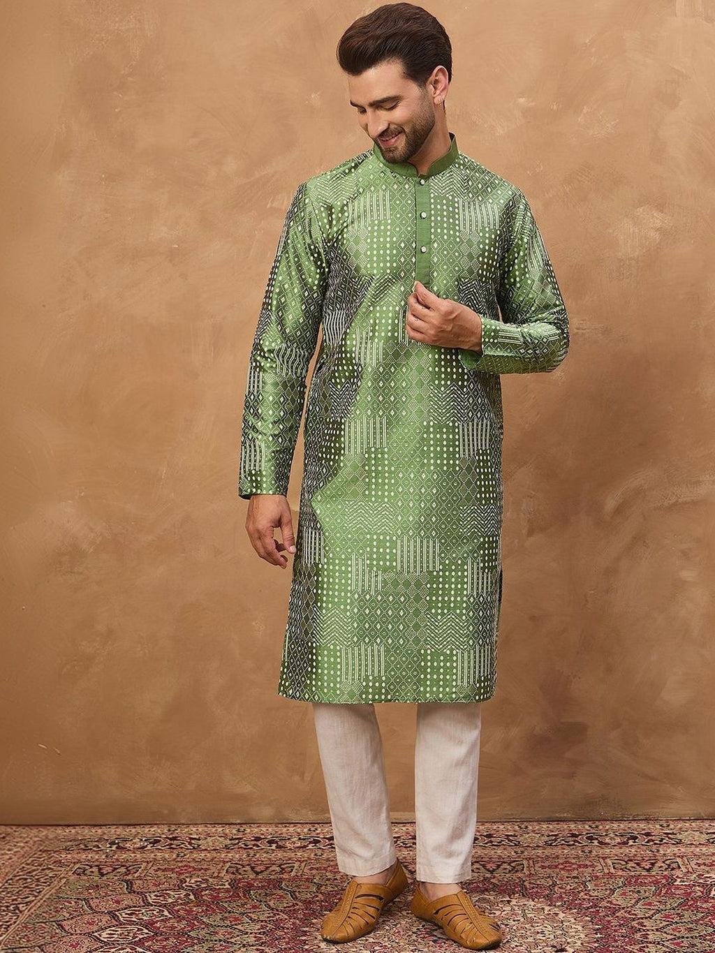 Men Green Silk Blend Geometric Printed Straight Kurta With Pant Set-MKSET1530