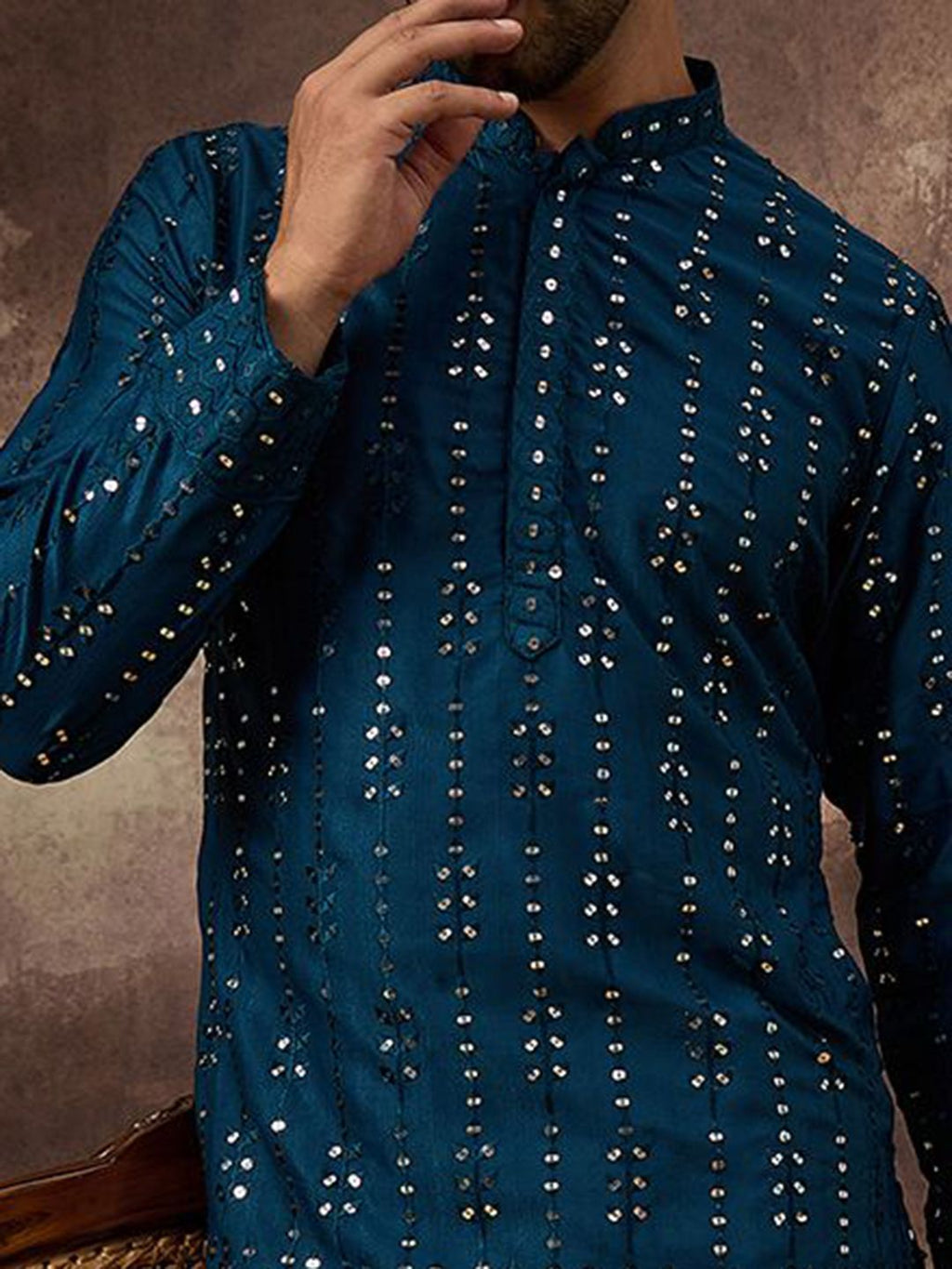 Men Blue Silk Blend Solid Embroidered Straight Kurta With Pant Set-MKSET1358