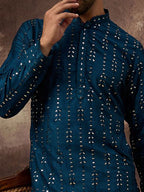 Men Blue Silk Blend Solid Embroidered Straight Kurta With Pant Set-MKSET1358