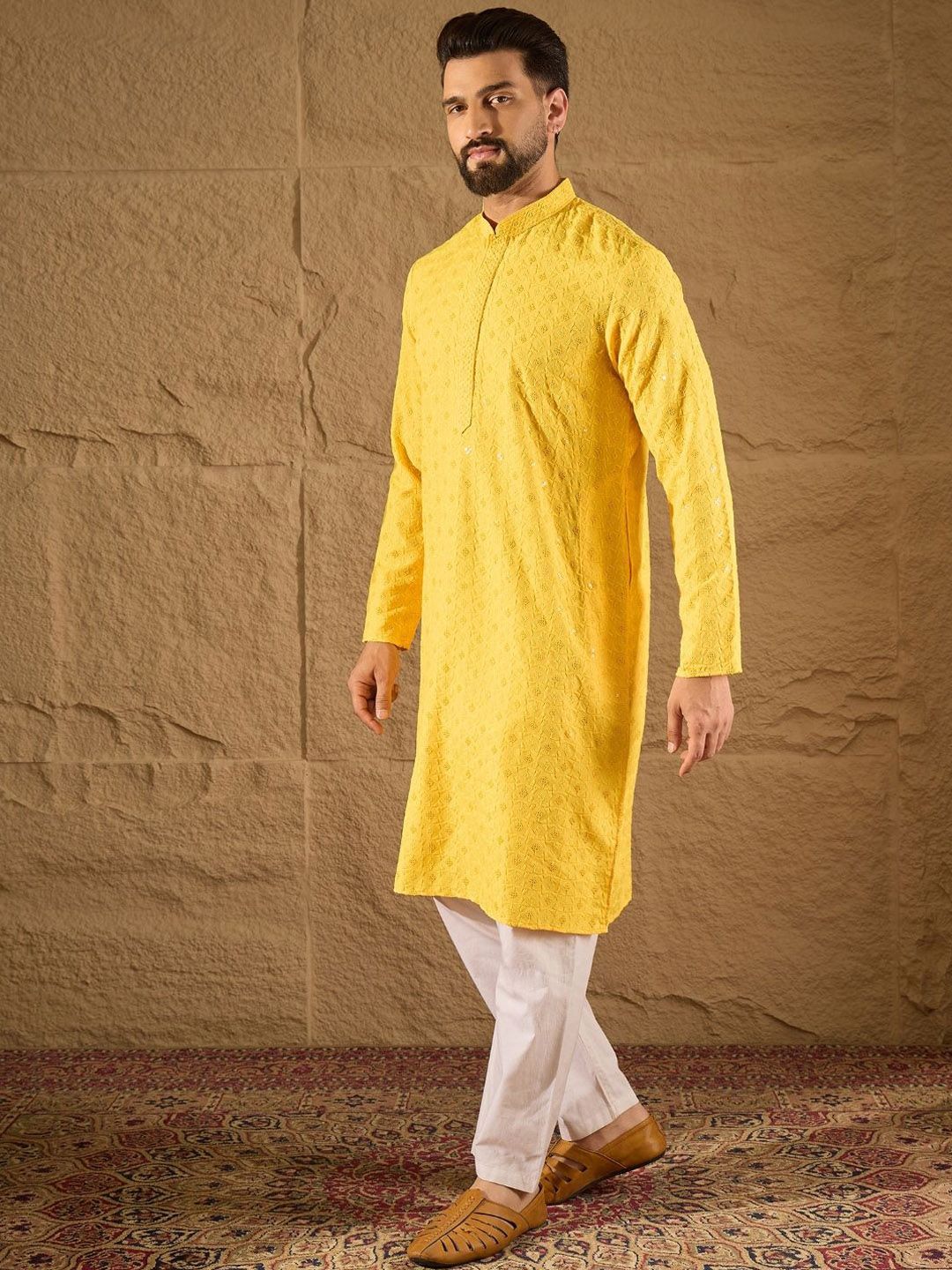 Men Yellow Viscose Rayon Solid Embroidered Straight Kurta With Pant Set-MKSET1222