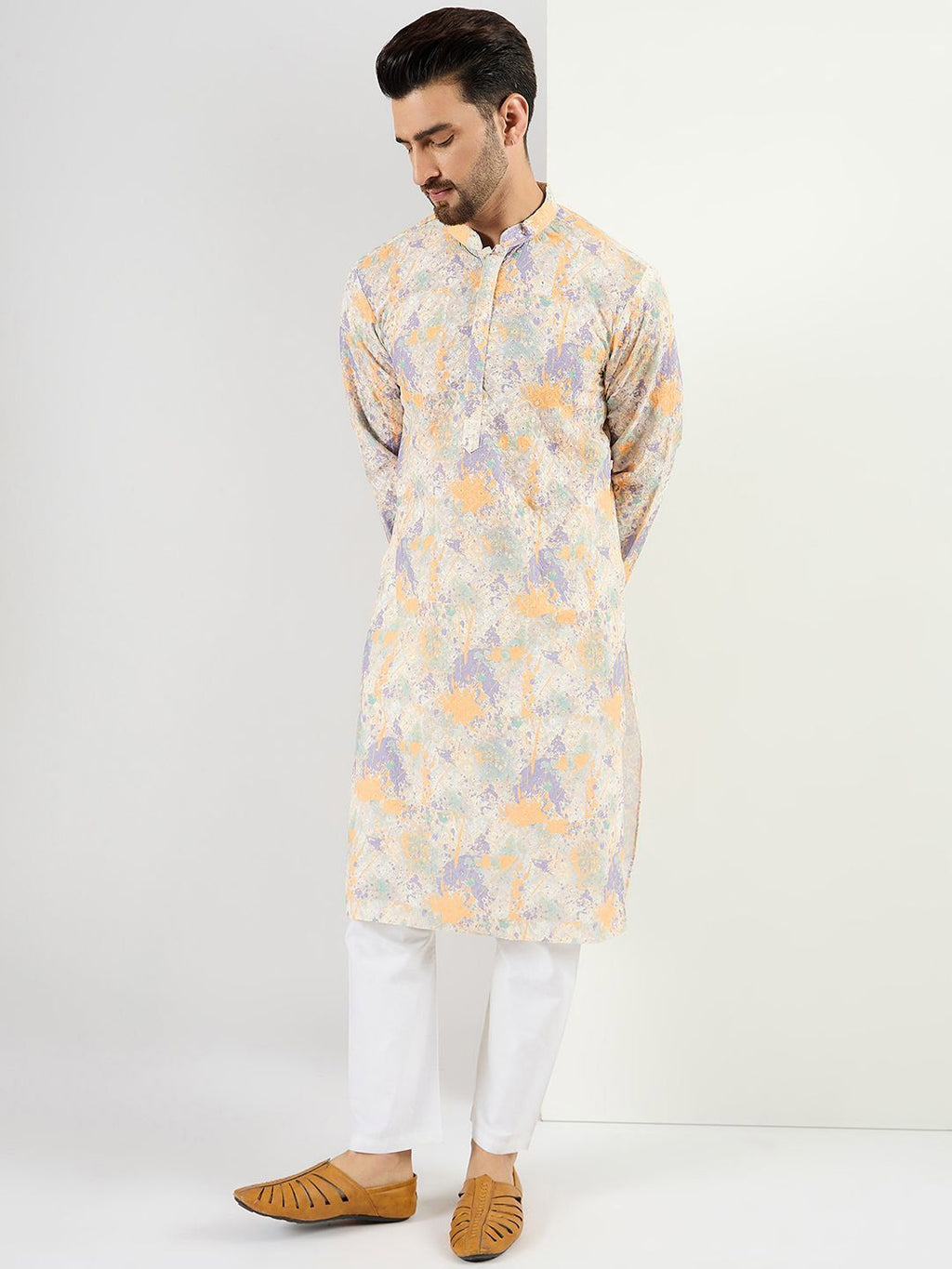 Men Off White Viscose Rayon Abstract Embroidered Straight Kurta With Pant Set-MKSET1063