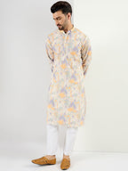 Men Off White Viscose Rayon Abstract Embroidered Straight Kurta With Pant Set-MKSET1063