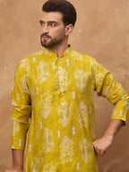 Men Yellow Viscose Rayon Ikat Printed Straight Kurta With Pant Set-MKSET1543