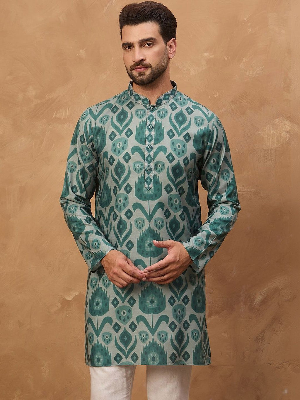 Men Green Cotton Blend Ethnic Motifs Printed Straight Kurta With Pant Set-MKSET1545