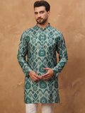 Men Green Cotton Blend Ethnic Motifs Printed Straight Kurta With Pant Set-MKSET1545
