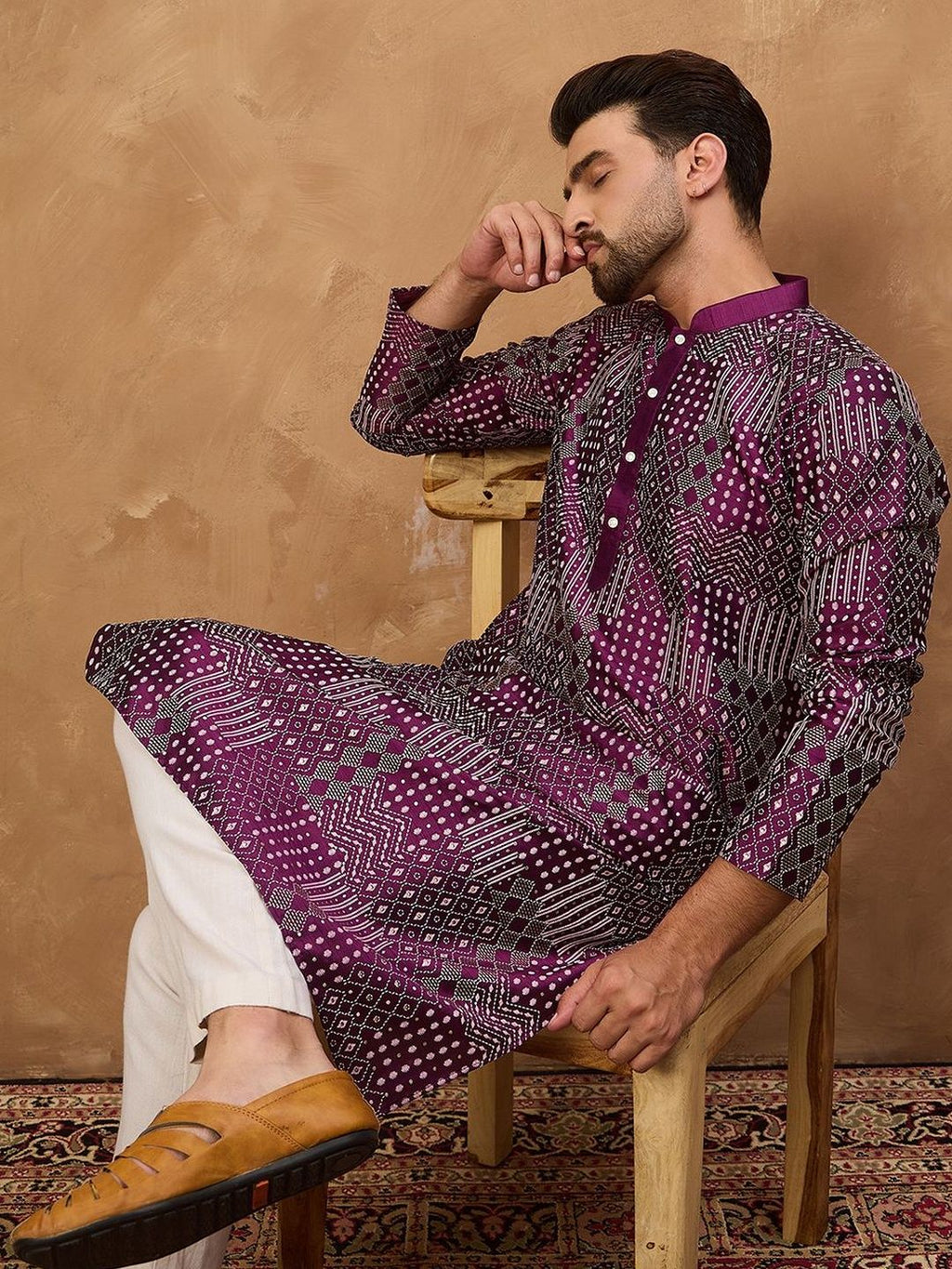 Men Purple Silk Blend Geometric Printed Straight Kurta With Pant Set-MKSET1529