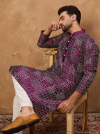 Men Purple Silk Blend Geometric Printed Straight Kurta With Pant Set-MKSET1529