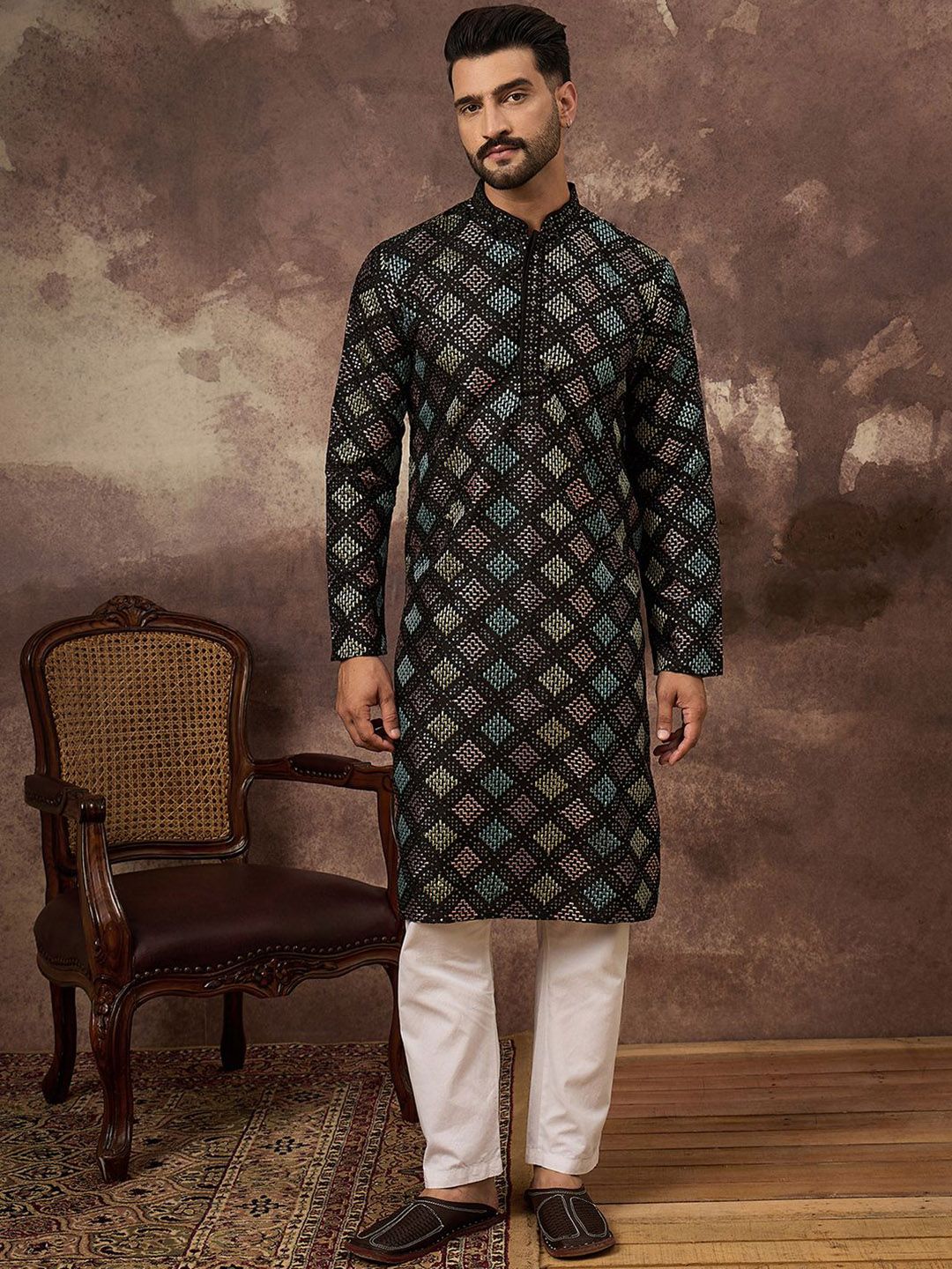 Men Black Silk Blend Solid Embroidered Straight Kurta With Pant Set-MKSET1384