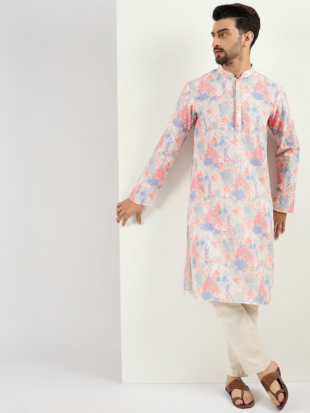 Men Off White Viscose Rayon Abstract Embroidered Straight Kurta With Pant Set-MKSET1082