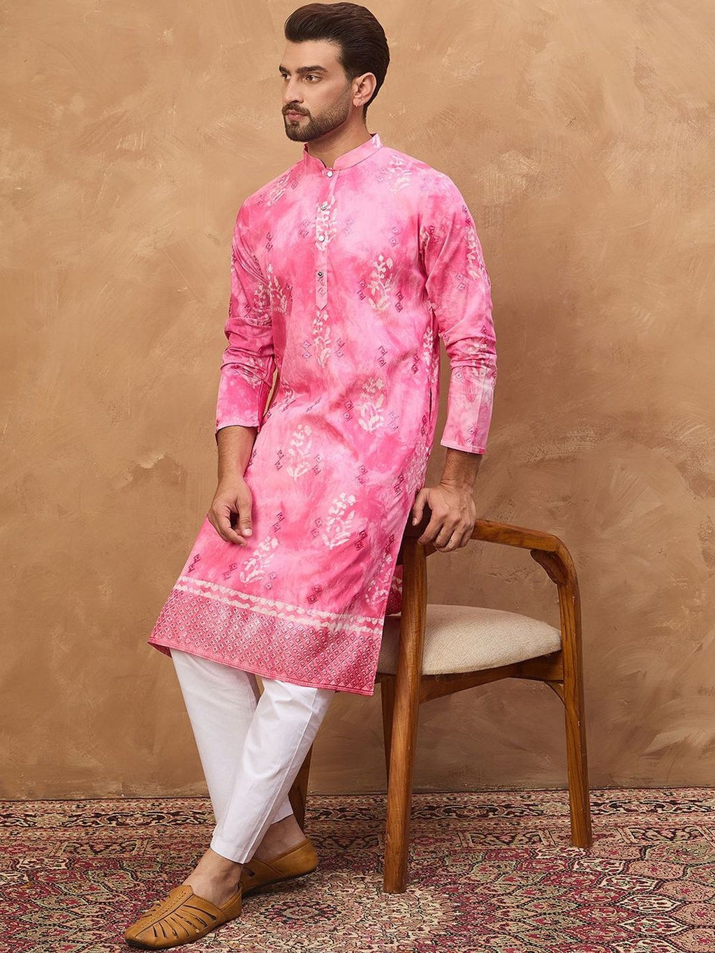 Men Pink Silk Blend Batik Embroidered Straight Kurta With Pant Set-MKSET1515