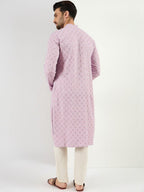 Men Purple Viscose Rayon Solid Embroidered Straight Kurta With Pant Set-MKSET1061