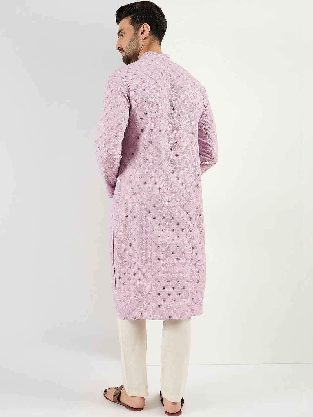 Men Purple Viscose Rayon Solid Embroidered Straight Kurta With Pant Set-MKSET1061