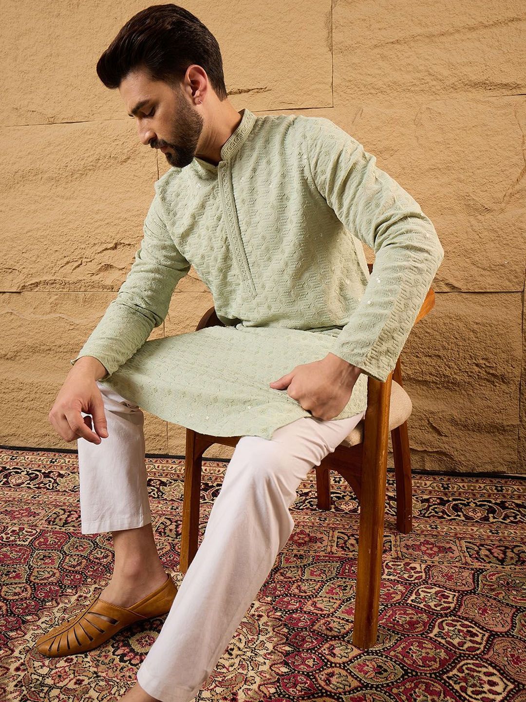 Men Green Rayon Blend Solid Embroidered Straight Kurta With Pant Set-MKSET1231