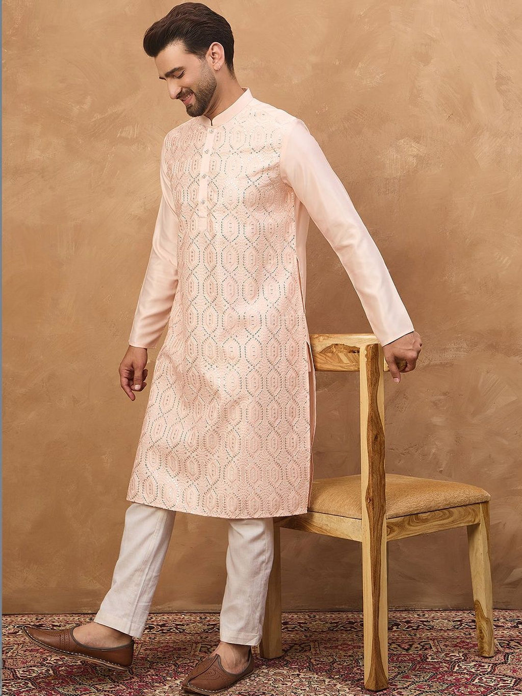 Men Peach Silk Blend Solid Embroidered Straight Kurta With Pant Set-MKSET1431