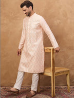 Men Peach Silk Blend Solid Embroidered Straight Kurta With Pant Set-MKSET1431