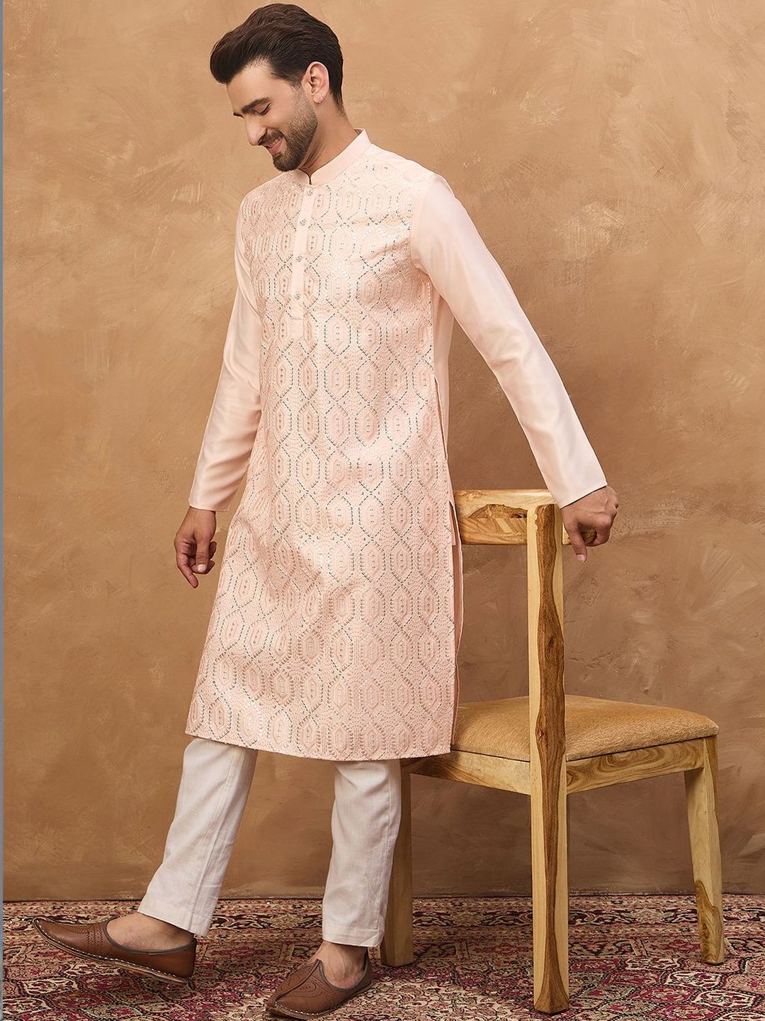 Men Peach Silk Blend Solid Embroidered Straight Kurta With Pant Set-MKSET1431