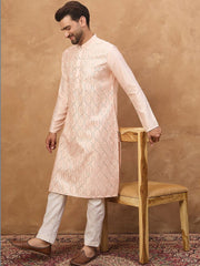 Men Peach Silk Blend Solid Embroidered Straight Kurta With Pant Set-MKSET1431