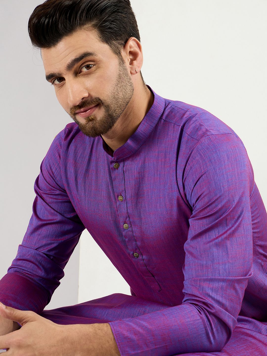 Men Purple Cotton Solid Woven Design Straight Kurta With Pant Set-MKSET1099