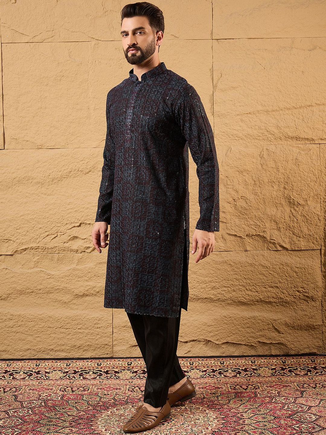 Mens Black Viscose Rayon Geometric Embroidered Chikankari Straight Kurta With Pant Set-MKSET1166