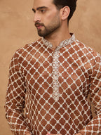 Men Brown Viscose Rayon Solid Embroidered Straight Kurta With Pant Set-MKSET1535