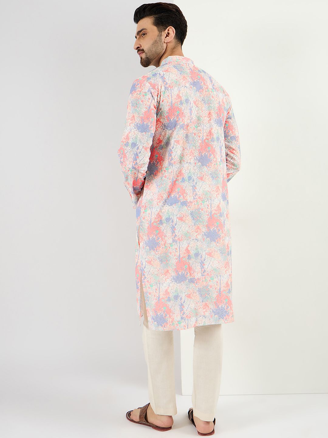 Men Off White Viscose Rayon Abstract Embroidered Straight Kurta With Pant Set-MKSET1082