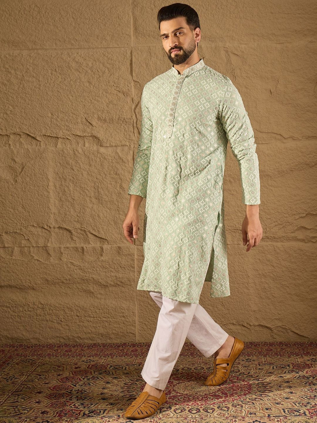 Men Green Viscose Rayon Solid Embroidered Straight Kurta With Pant Set-MKSET1238