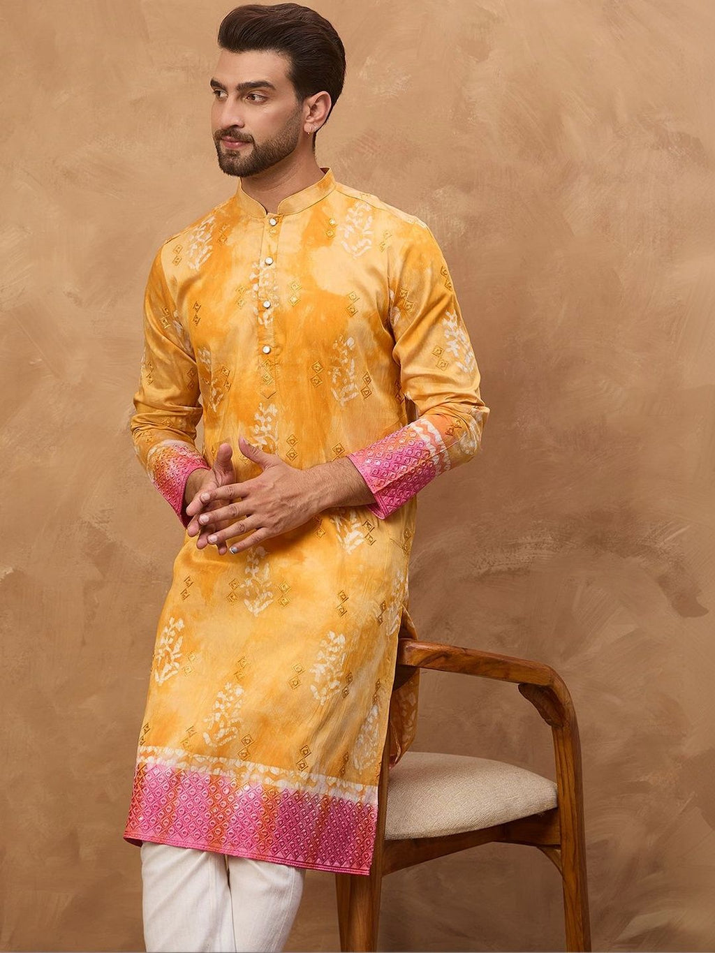 Men Yellow Silk Blend Batik Embroidered Straight Kurta With Pant Set-MKSET1513