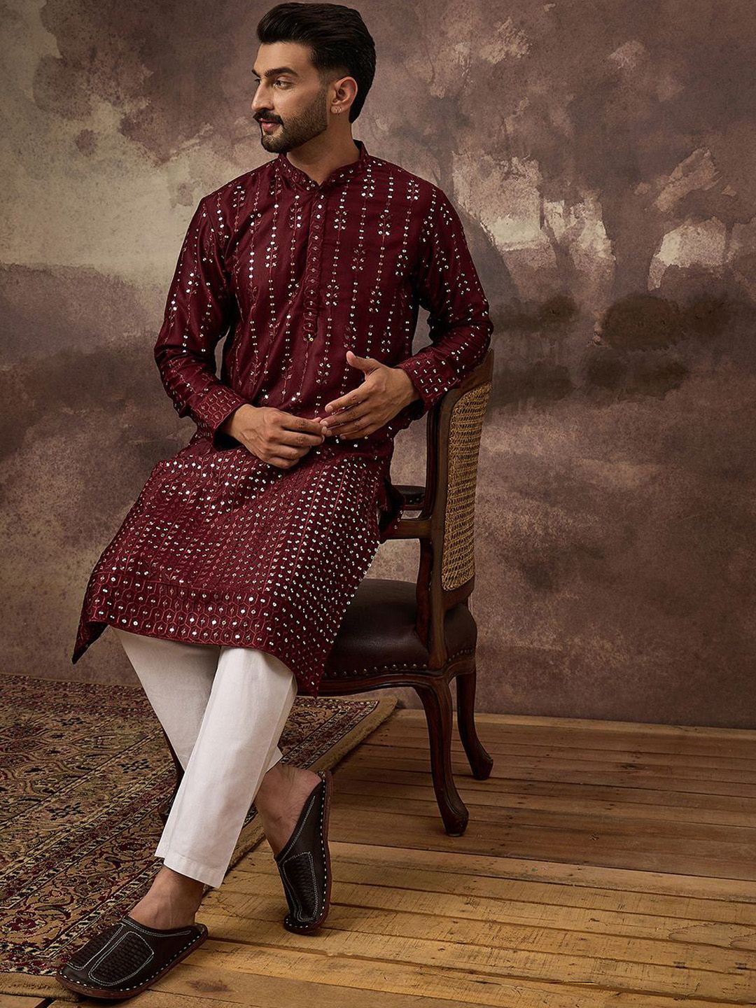 Men Maroon Silk Blend Solid Embroidered Straight Kurta With Pant Set-MKSET1361