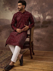 Men Maroon Silk Blend Solid Embroidered Straight Kurta With Pant Set-MKSET1361