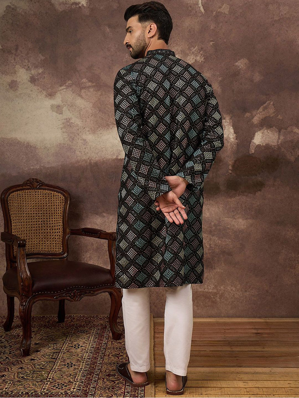 Men Black Silk Blend Solid Embroidered Straight Kurta With Pant Set-MKSET1384
