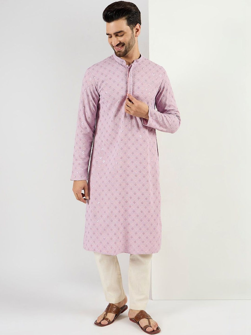 Men Purple Viscose Rayon Solid Embroidered Straight Kurta With Pant Set-MKSET1061