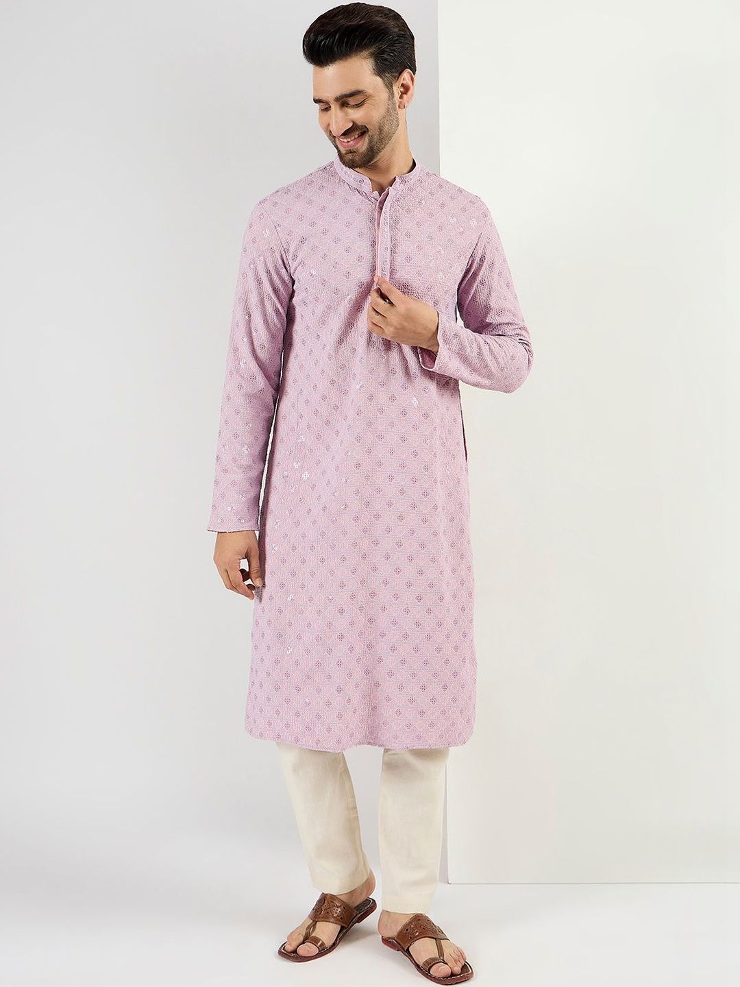 Men Purple Viscose Rayon Solid Embroidered Straight Kurta With Pant Set-MKSET1061