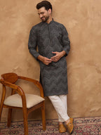 Men Black Silk Blend Geometric Printed Straight Kurta With Pant Set-MKSET1520