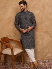 Men Black Silk Blend Geometric Printed Straight Kurta With Pant Set-MKSET1520