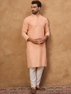 Men Peach Silk Blend Solid Embroidered Straight Kurta With Pant Set-MKSET1453