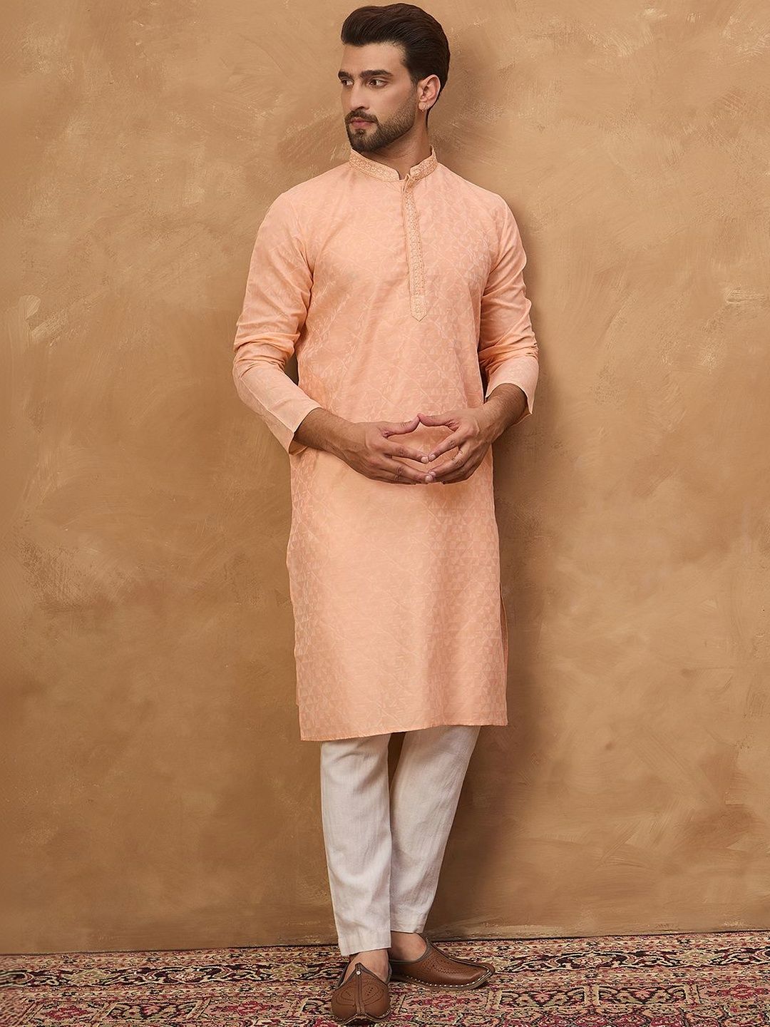 Men Peach Silk Blend Solid Embroidered Straight Kurta With Pant Set-MKSET1453