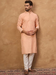 Men Peach Silk Blend Solid Embroidered Straight Kurta With Pant Set-MKSET1453